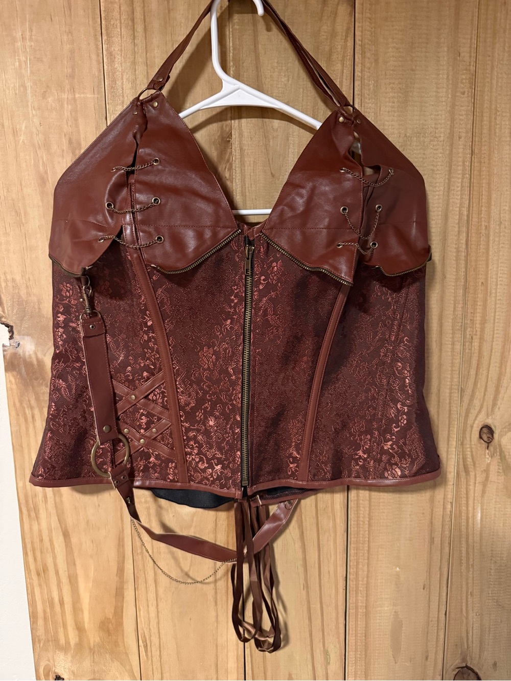 Brown Lace-Texture Corset Crop Top with Faux-Leather Halter